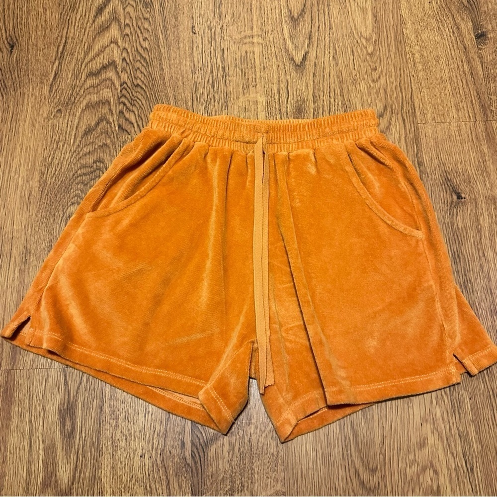 STARK X Orange velour Elastic Waist Drawstring Summer Shorts Size XS pleated